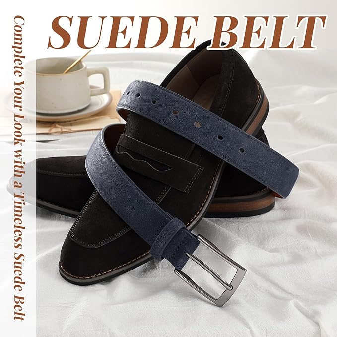 XZQTIVE Mens Suede Belt - 1 3/8" Genuine Leather Dress Belt for Jeans Dress Handmade Classic Every Day Belt