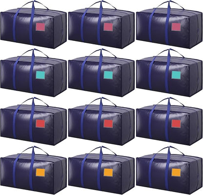 12 Pack Moving Bags with Full-Open Side Zipper, Extra Large 93L Heavy Duty Waterproof Foldable Storage Totes for College Dorm, Moving & Home OrganizationDarkBlue