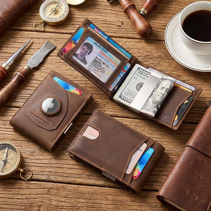 kinzd Slim Wallet with Money Clip RFID Blocking Minimalist Bifold Wallet for Men Genuine Leather Front Pocket Card Holder