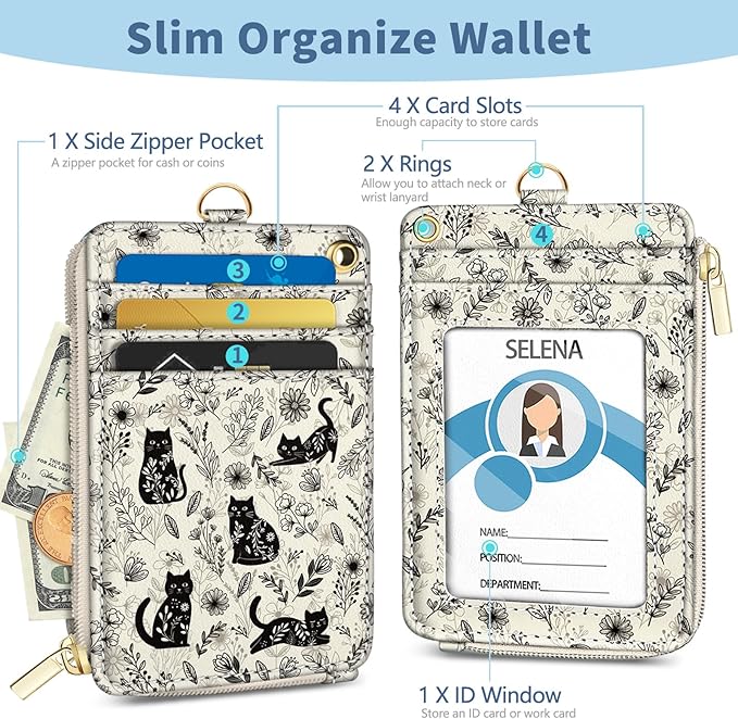 Lanyard Wallet with Id Badge Holder, Cat RFID Small Keychain Wallet Women Wristlet, Floral Boho Zipper Credit Card Holder Phone Wrist Neck Strap for Key Name Tag, Teacher Student Office Gifts