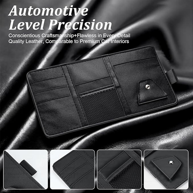 Amiss Car Sun Visor Organizer with Double Zippers, Multi-Pockets for Glasses, Pens, Cards & Documents, Universal Storage Pouch, Fits Most Cars, SUVs and Trucks, Car Interior Accessories (Black)