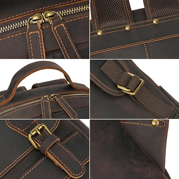 Vintage Full Grain Leather Backpack for Men, 16" Laptop Rucksack For Men Hiking Trave Work Business Bag, 1829 Dark Brown