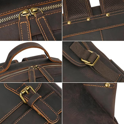 Vintage Full Grain Leather Backpack for Men, 16" Laptop Rucksack For Men Hiking Trave Work Business Bag, 1829 Dark Brown