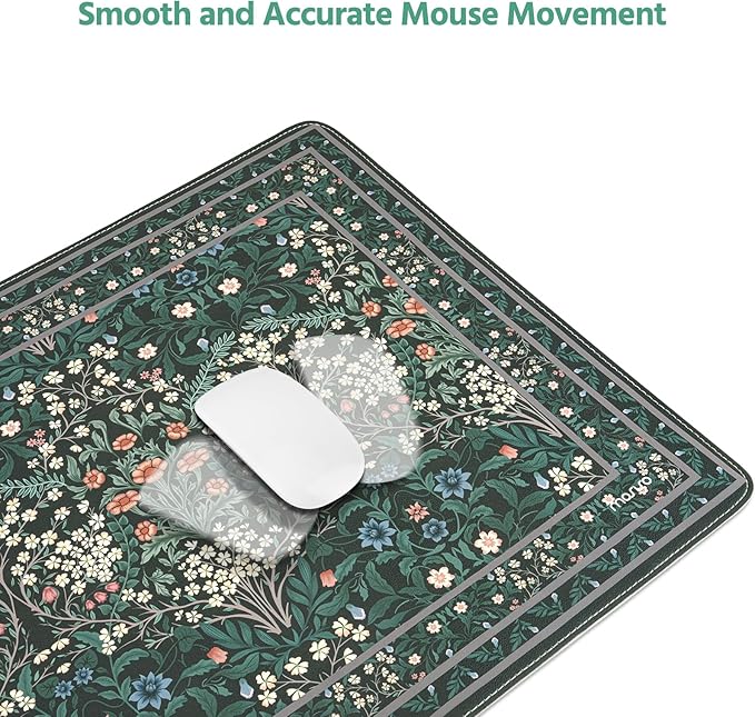 MOSISO Large Mouse Pad Gaming Mousepad, 35.43 x 15.74 inches Vintage Floral Cluster PU Leather Mousepad with Anti-Slip Base&Stitched Edges, Keyboard Pad Mouse Mat for Desktop/Office/Home, Green
