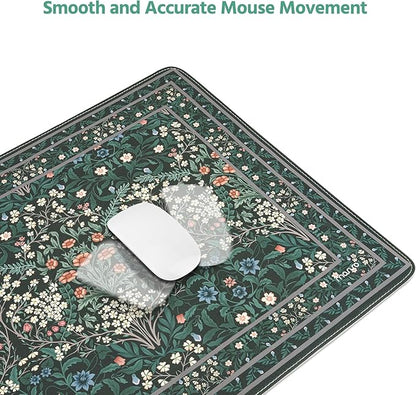 MOSISO Large Mouse Pad Gaming Mousepad, 35.43 x 15.74 inches Vintage Floral Cluster PU Leather Mousepad with Anti-Slip Base&Stitched Edges, Keyboard Pad Mouse Mat for Desktop/Office/Home, Green