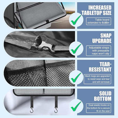 Plzpik Car Backseat Organizer with Tablet Holder,11 Storage Pockets with Foldable Food Tray, Protector Kick Mats for Kids, Travel Accessories Organizer (Gray, 2Pack with Food Tray)