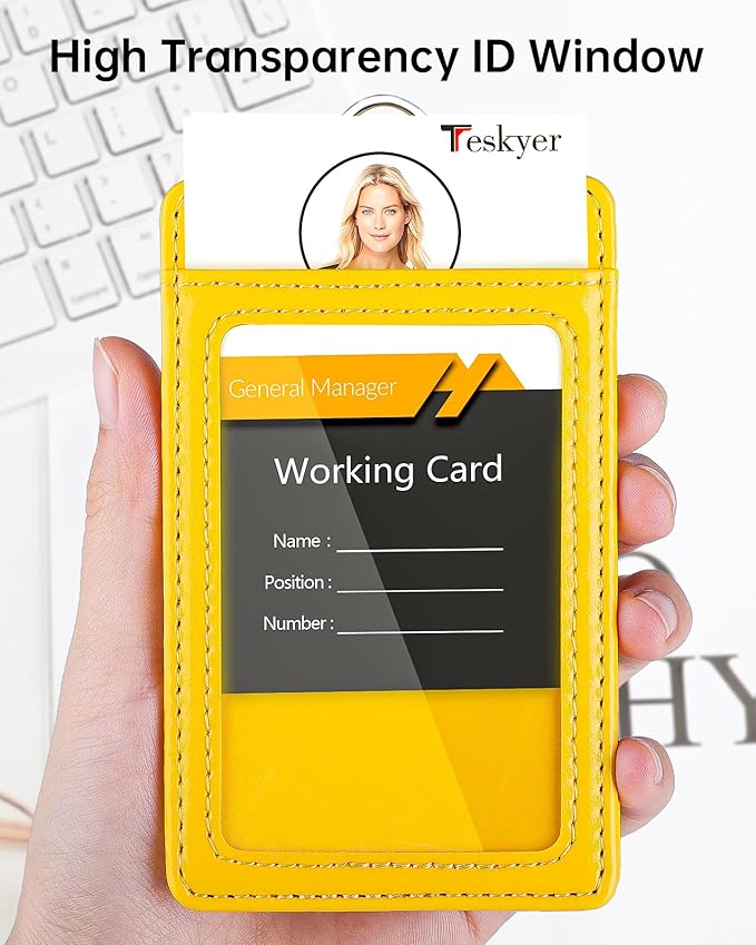 Teskyer Badge Holder with Lanyard, Leather ID Name Badge Card Holder with Lanyard for ID Badges, Vertical, Bright Yellow