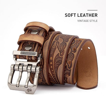 BISON DENIM Men's Belts Leather Dress Genuine Leather Classic Heavy Duty Buckle Belt Casual for Jeans