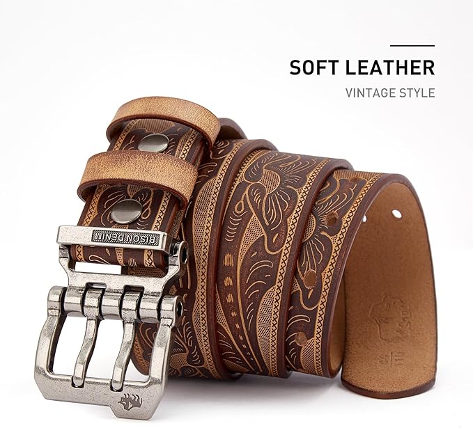 BISON DENIM Men's Belts Leather Dress Genuine Leather Classic Heavy Duty Buckle Belt Casual for Jeans