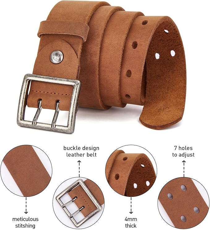 BISON DENIM Men's Belts Leather Dress Genuine Leather Classic Heavy Duty Buckle Belt Casual for Jeans
