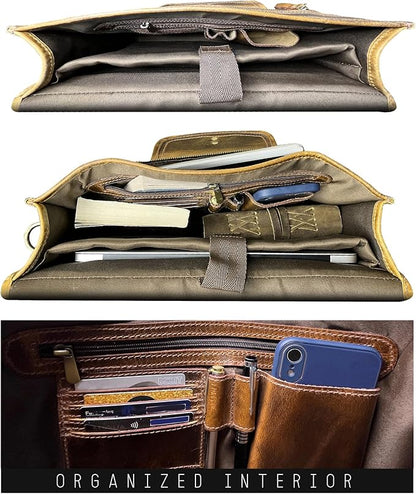 RUSTIC TOWN Leather Messenger Bag for Men - Full Grain Leather Briefcase Laptop Satchel Office Crossbody Travel Bag