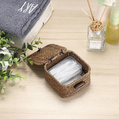 Hipiwe Mini Seagrass Basket Wicker Shelf Baskets with Lid Small Decorative Box Natural Storage Basket for Organizing Key Candy, Home Decor, 3.5"L x 3.5"W x 2"H