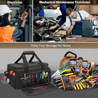 Rexmica 14-Inch Tool Bag with Anti-friction Bottom, Hand Tool Storage Organizer for Men, Tactical Range Bag, Multi-purpose Work Tote for Repairman, Carpenters, Handyman, Black