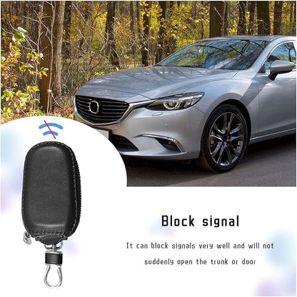 Car Key Case, Genuine Leather Auto Key Fob Cover Case, Key Fob Protector with Metal Hook, Car Smart Keychain Holder (Black)