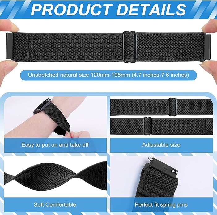 Compatible with 16mm 18mm 19mm 20mm 22mm 24mm Watch Bands Quick Release Replacement Wristband,Adjustable Stretchy Nylon Solo Loop Straps Fabric Braided Sport Elastic Bands for Men Women