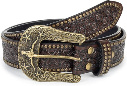 INOGIH Adjustable-Vintage-Western-Cowboy-Belt Women Men - Cowboy-Style Engraved-Buckle Belt for Jeans Pants Dresses