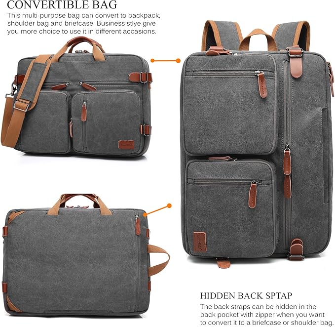 CoolBELL Convertible Backpack Messenger Shoulder bag Laptop Case Handbag Business Briefcase Multi-functional Travel Rucksack Fits 15.6 Inch Laptop For Men/Women (Cancas Dark Grey)
