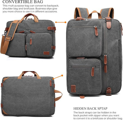 CoolBELL Convertible Backpack Messenger Shoulder Bag Laptop Case Business Briefcase Multi-Functional Travel Handbag Fits 17.3 Inch Laptop for Men/Women (Canvas Dark Grey)