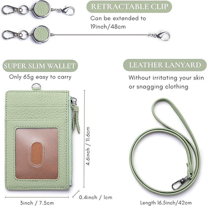 2-in-1 Leather ID Badge Holder with Wallet for Work, Multifunction ID Case with Credit Card Slots & Cash Coin Pocket, Slim Wallet with Lanyard for Women Men Nurse Teacher (Light Green)