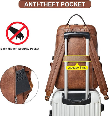 Shrrie Vegan Leather Laptop Backpack for Women,17 Inch Computer Backpack Purse for Work Business College Travel Teacher Nurse with Anti-theft Pocket & Giant Tumbler Holder Pocket,Caramel Brown