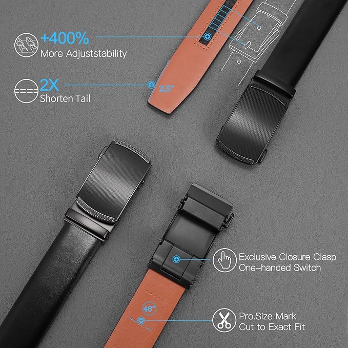 SENDEFN Men's Leather Belt - Automatic Ratchet Slide Buckle, Easy Trim-to-Fit Function, Packaged with Gift Box
