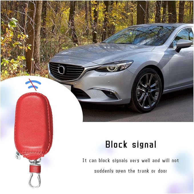 Car Key Case, Genuine Leather Auto Key Fob Cover Case, Key Fob Protector with Metal Hook, Car Smart Keychain Holder (Red)