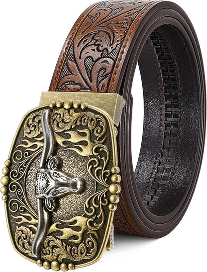 Cowboy Western Ratchet Belt for Men Women with Automatic Western Buckle, Ratchet Cowboy Leather Belt for Jeans Gifts