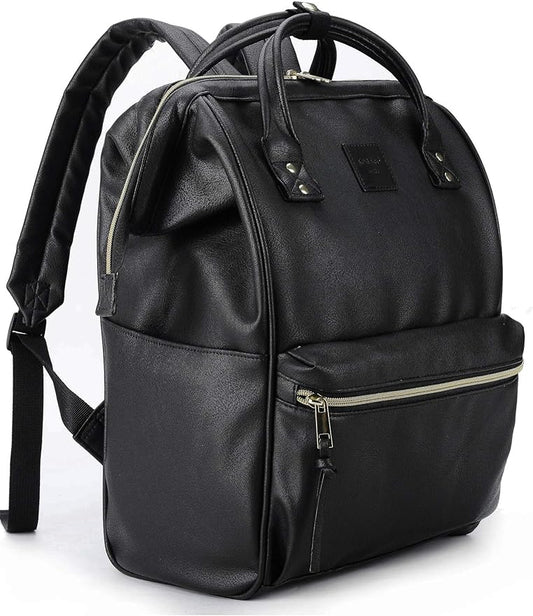 Kah&Kee Leather Laptop Backpack for Women, 15.6-16 Inch Professional Work Bag, Water-Resistant Vegan Leather Doctor Bag Backpack for Teacher, Nurse & Travel, Fits MacBook Pro 16 (Black,Large)