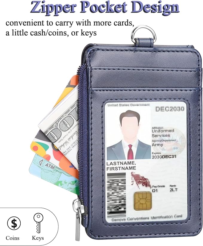 Teskyer Badge Holder with Side Zip Pocket, Multiple Card Slots Leather ID Holder Wallet with Neck Lanyard for Office Staffs, Teachers/Students, Couriers, Workers, Blue