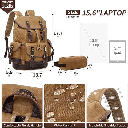 Wogarl Leather Backpack for Men, Waxed Canvas Vintage Backpack Rucksack for Business College Travel Hiking Shoulder Daypacks With Toiletry Bag(Khaki)