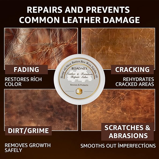 Leather Repair Salve & Brush Set, Leather Cleaner and Conditioner for Furniture, Couch, Car Seats - Scratch Repair, Restore Color, UV Protection, for Leather, Vinyl & Wood - 8oz