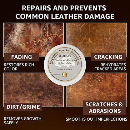 Leather Repair Salve & Brush Set, Leather Cleaner and Conditioner for Furniture, Couch, Car Seats - Scratch Repair, Restore Color, UV Protection, for Leather, Vinyl & Wood - 8oz