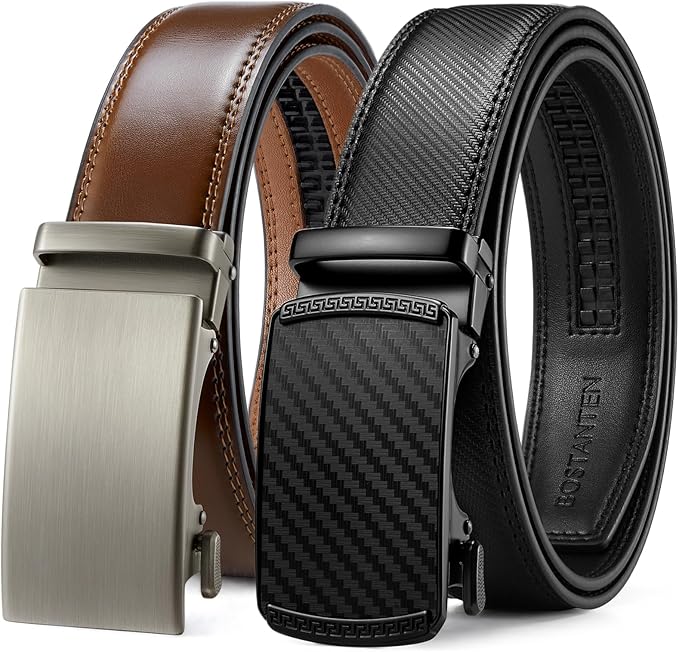 BOSTANTEN Ratchet Leather Belt For Men 2 Pack Dress and Casual with Adjustable Buckle, Trim to Fit
