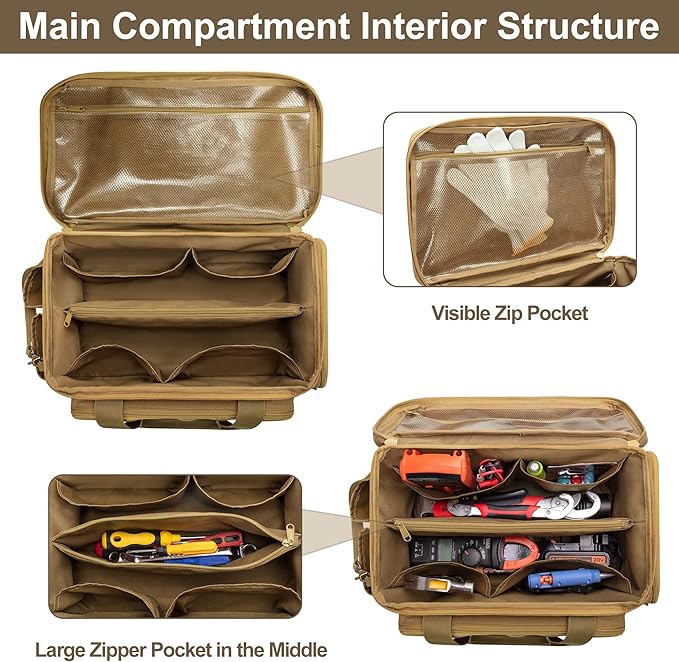 Rexmica 14-Inch Tool Bag with Anti-friction Bottom, Hand Tool Storage Organizer for Men, Tactical Range Bag, Multi-purpose Work Tote for Repairman, Carpenters, Handyman, Khaki
