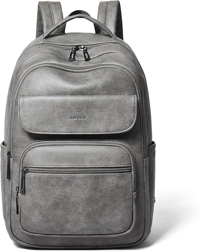 Leresas 37L Backpack Purse for Women Mens for Work Travel Back Pack Purses Vegan Leather Back Pack Fashion Laptop Computer Bag Dark Grey