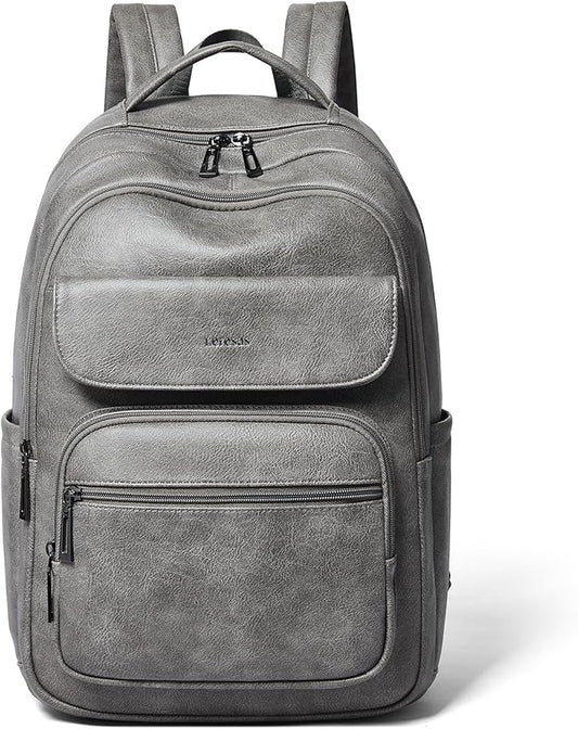 Leresas 37L Backpack Purse for Women Mens for Work Travel Back Pack Purses Vegan Leather Back Pack Fashion Laptop Computer Bag Dark Grey