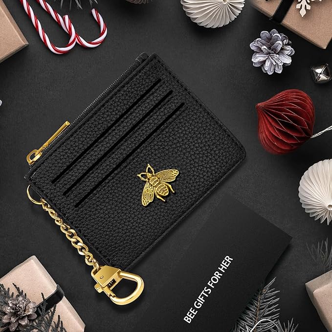 SEAVILIA Card Holder Keychain Wallet for Women with ID Window RFID Blocking Coin Purse Bee Gifts Slim Minimalist Small PU Leather