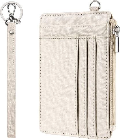 SEAVILIA Small Wallet for Women Slim Wristlet Keychain Wallets RFID Credit Card Holder With Zipper Pocket, ID Window (Beige)