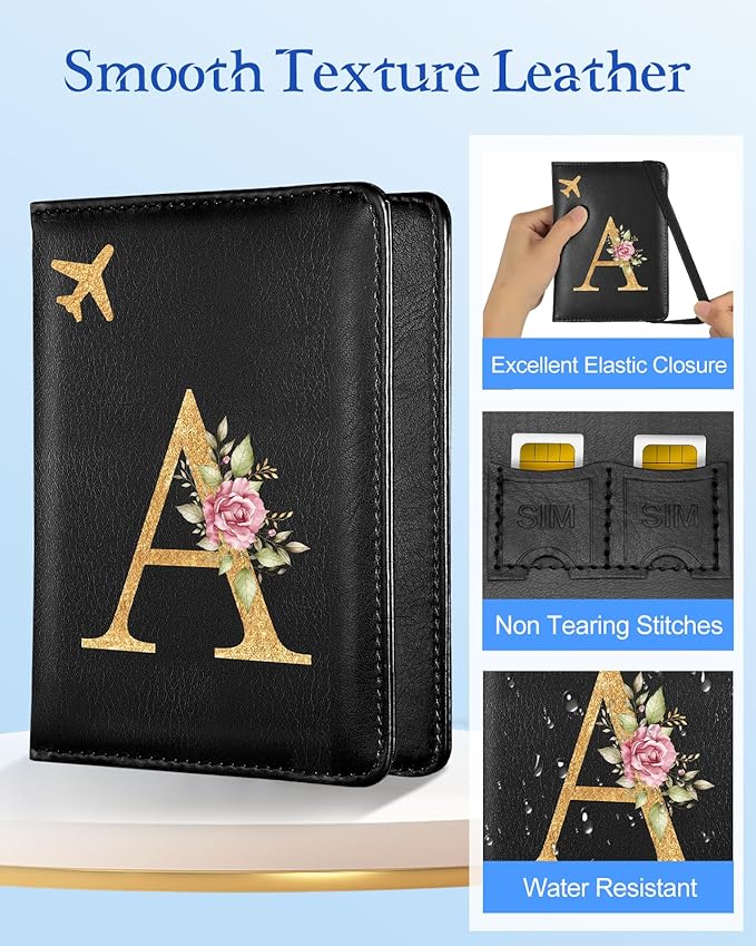 Slohif Initial Passport Holder Cover Wallet Case for Travel Women - Leather Letter Passport Book Family Multiple Personalized Organizer Card Slots Protector Sleeve Essentials Slim Carrier A Black