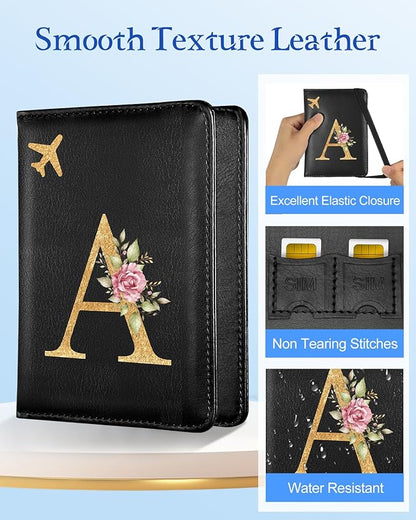 Slohif Initial Passport Holder Cover Wallet Case for Travel Women - Leather Letter Passport Book Family Multiple Personalized Organizer Card Slots Protector Sleeve Essentials Slim Carrier A Black