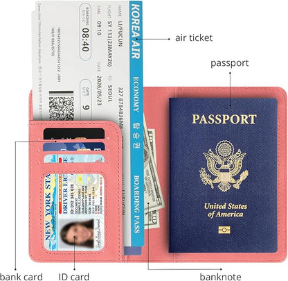Passport Holder for Travel Essentials,RFID Blocking Passport Cover Wallet Card Case for Women and Men (Pink)