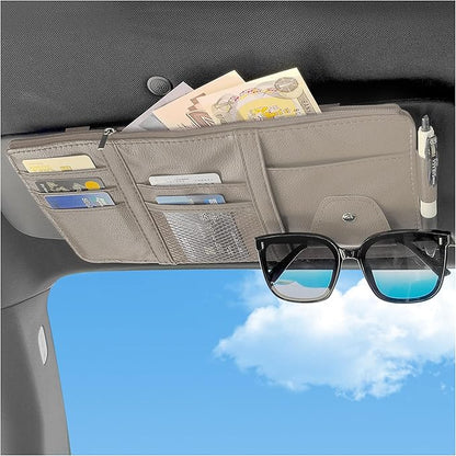 Car Visor Organizer with Sunglass Holder,Multi-Functional Car Sun Visor Organizer with Zipper for Cards,Money,Tickets,Leather Interior Accessories (Gray)