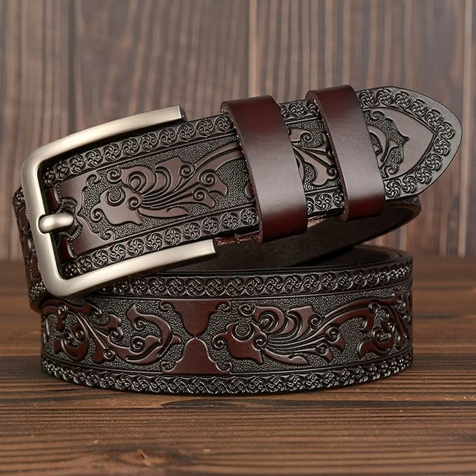 Men's Casual Genuine Leather Jeans Belts Vintage Leather Engraved Strap with Single Prong Buckle