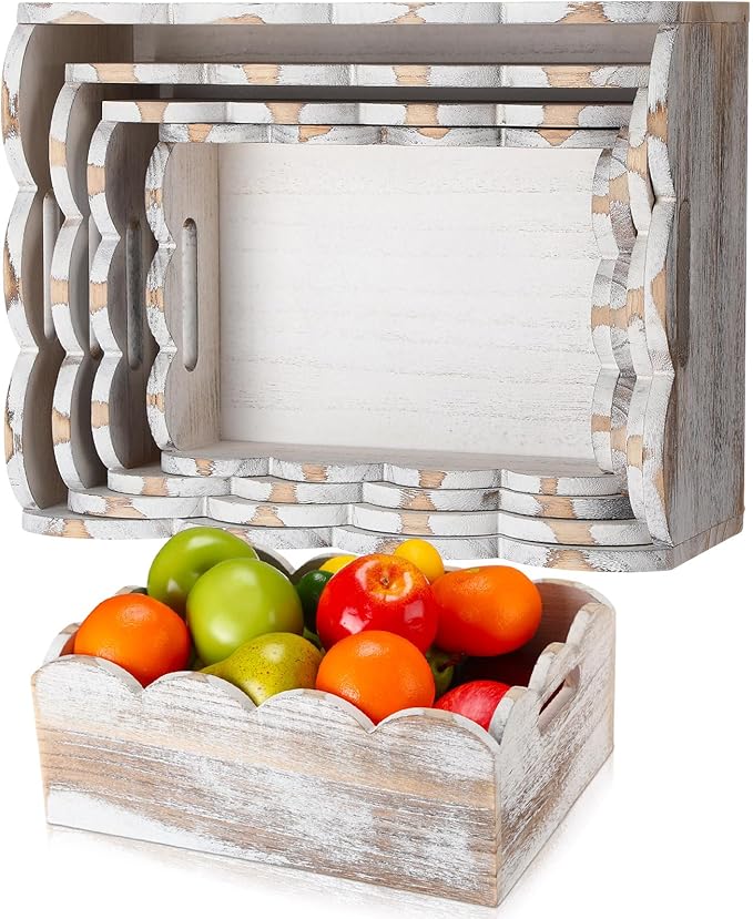 Beeveer 4 Pcs Scalloped Baskets with Handle 4 Size Wooden Countertop Storage Box Multipurpose Fruit Vegetable Crate Rectangular Decorative Serving Tray Organizer for Kitchen Bathroom Home Decor(White)