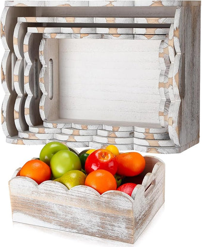 Beeveer 4 Pcs Scalloped Baskets with Handle 4 Size Wooden Countertop Storage Box Multipurpose Fruit Vegetable Crate Rectangular Decorative Serving Tray Organizer for Kitchen Bathroom Home Decor(White)