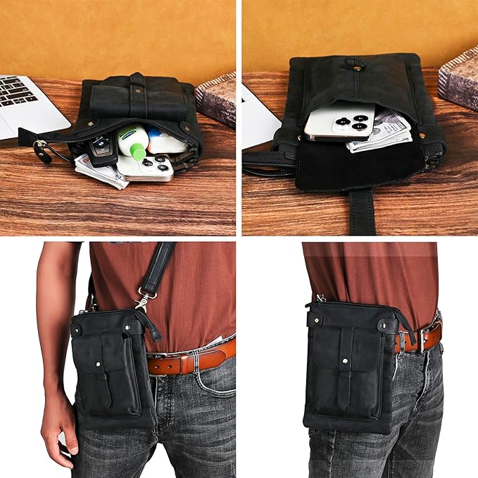 Le'aokuu Mens Genuine Leather Fanny Small Messenger Shoulder Satchel Waist Bag Pack 8711
