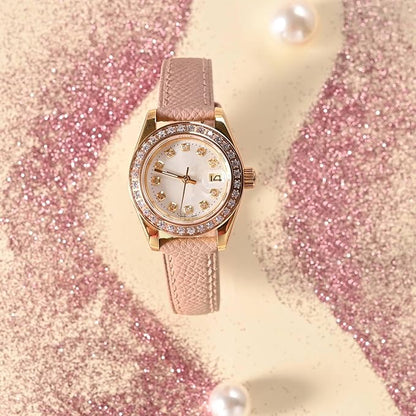 WOCCI 18mm Grace Watch Band for Ladies, Top Grain Leather, Quick Release Replacement Strap with Gold Buckle (Retro Pink)