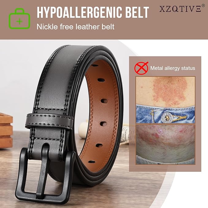 XZQTIVE Men’s Metal Free Belt Hypoallergenic Leather Belts For Jeans Dress Nickle Free TSA Belt With Black Buckle