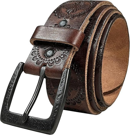 Cowboy Cowgirl Western Tooled Floral Embossed Full Grain Genuine Leather Belt Strap 1-1/2"(38mm) Wide