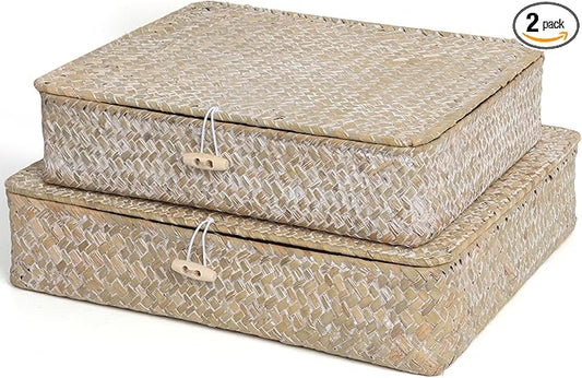 Moosky Flat Wicker Shelf Baskets with Lid, Seagrass Woven Basket Boxes for Storage Basket Bins Multipurpose Home Decor Organizer (Whitewash Set of 2)